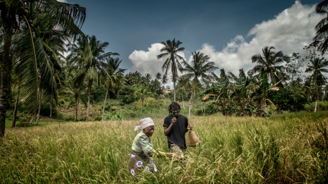 Old woman and young man in a field